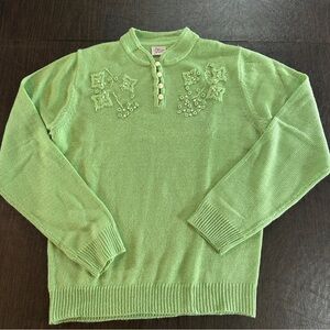Vintage Adrian Delafield Light Green Embroidered with Pearls Knit Sweater Sz S